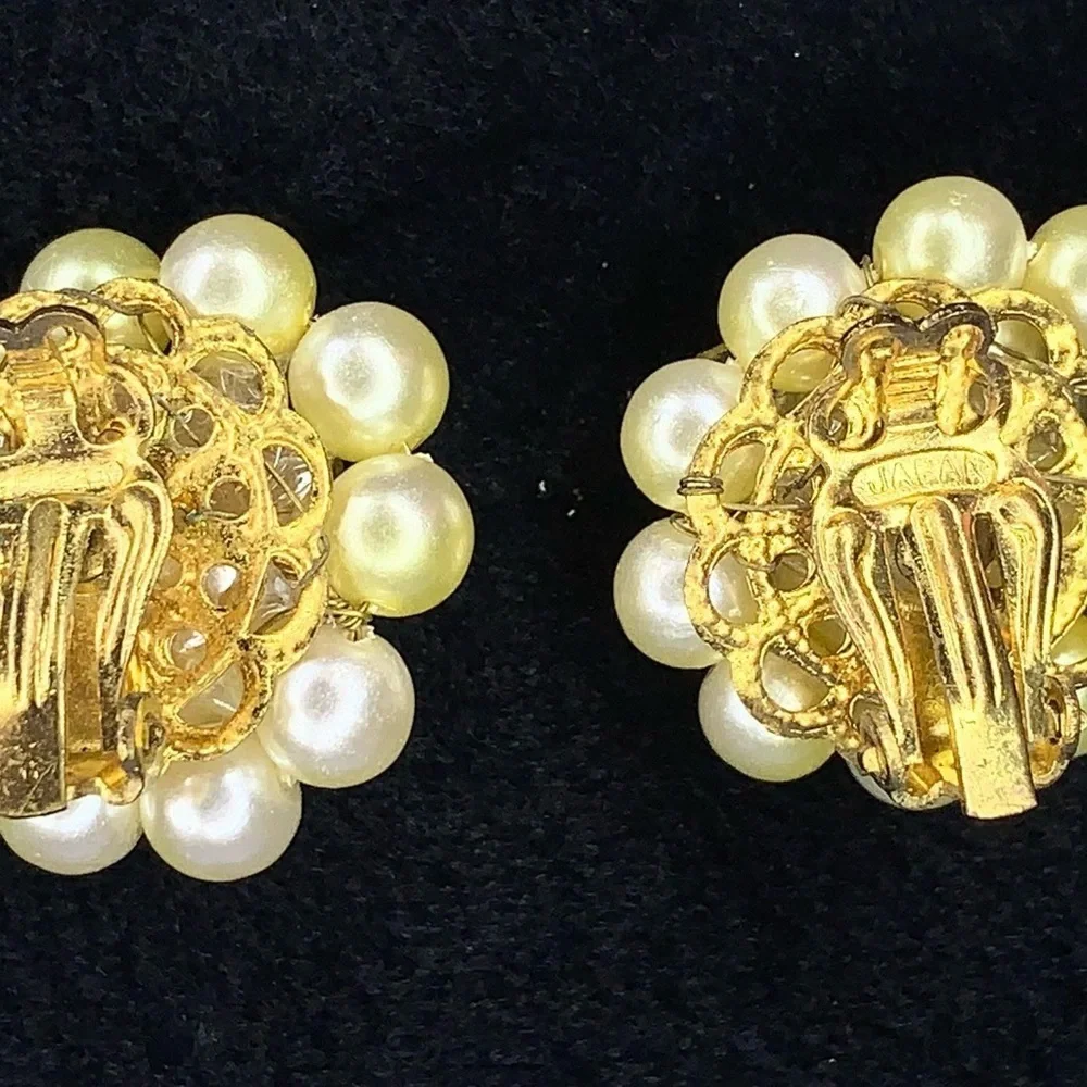Vintage Ivory Pearl Glass Bead Clip On Earrings Made In Japan Wedding Formal